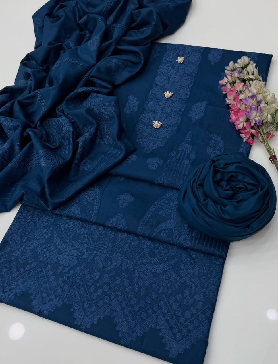 Wool Velvet Border Shawl - 3 Pcs Dress