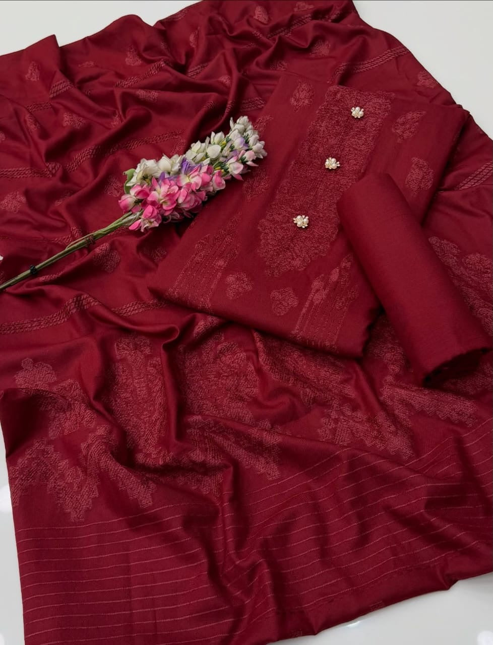 Wool Velvet Border Shawl - 3 Pcs Dress