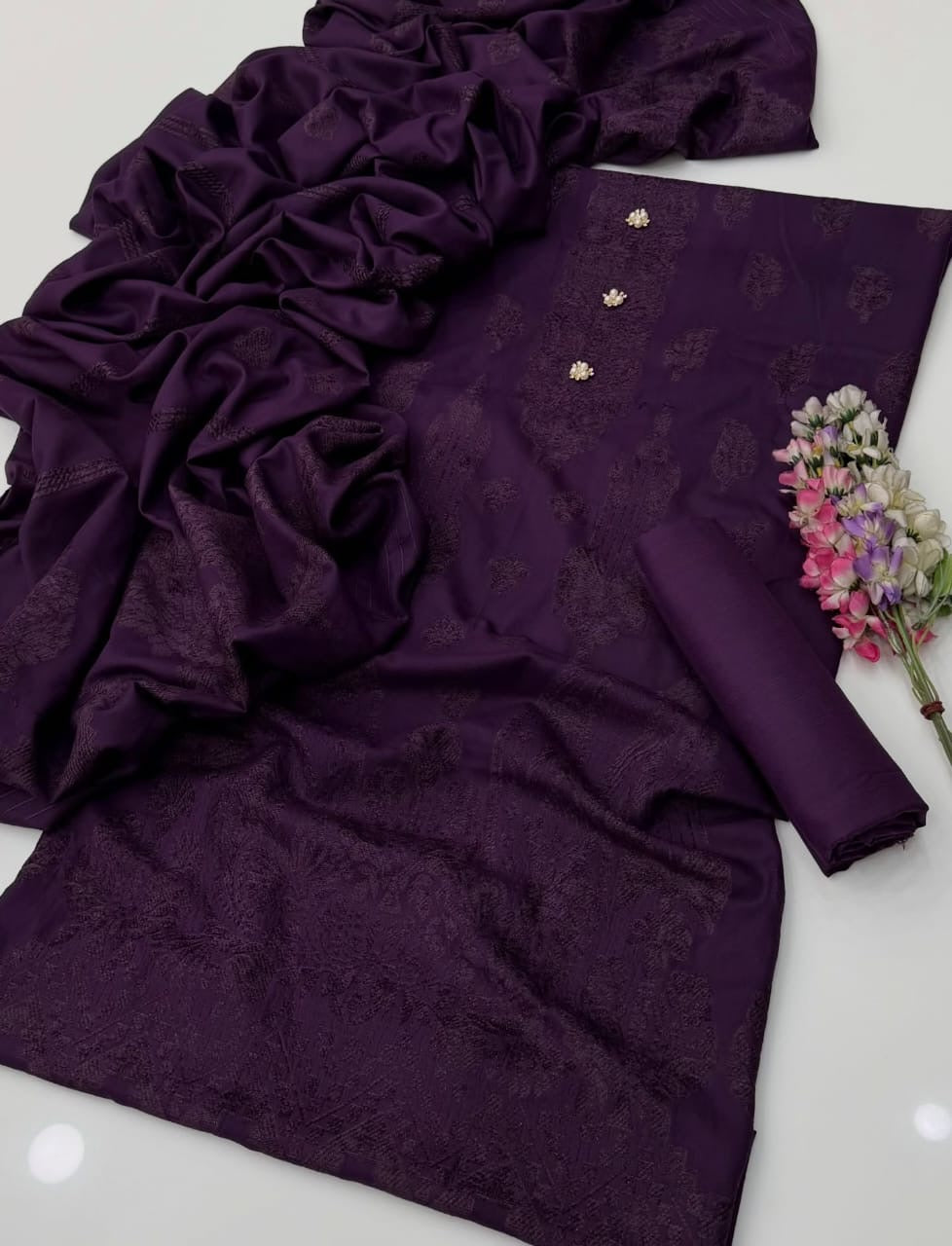 Wool Velvet Border Shawl - 3 Pcs Dress