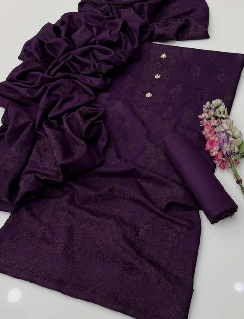 Wool Velvet Border Shawl - 3 Pcs Dress