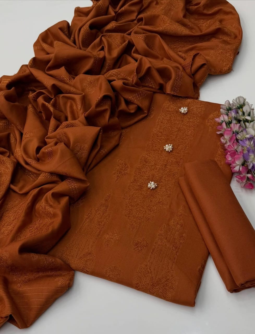 Wool Velvet Border Shawl - 3 Pcs Dress