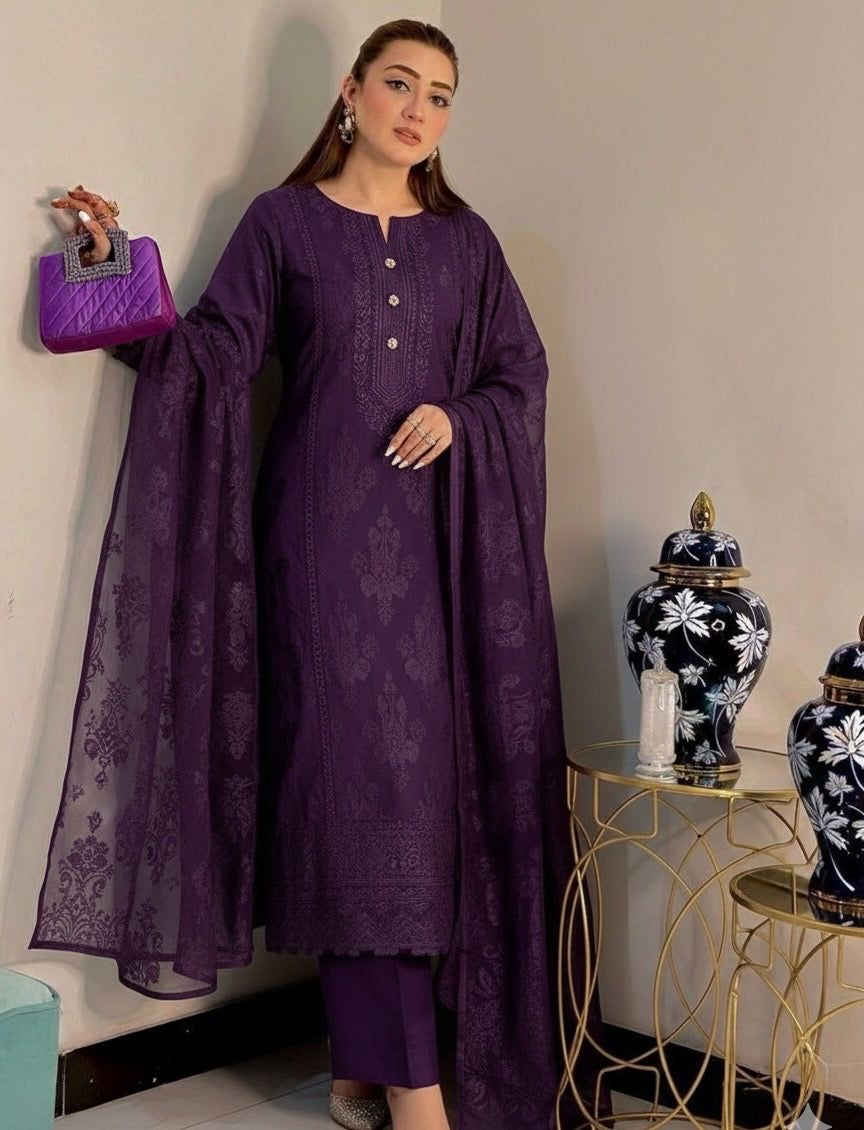 Wool Velvet Border Shawl - 3 Pcs Dress