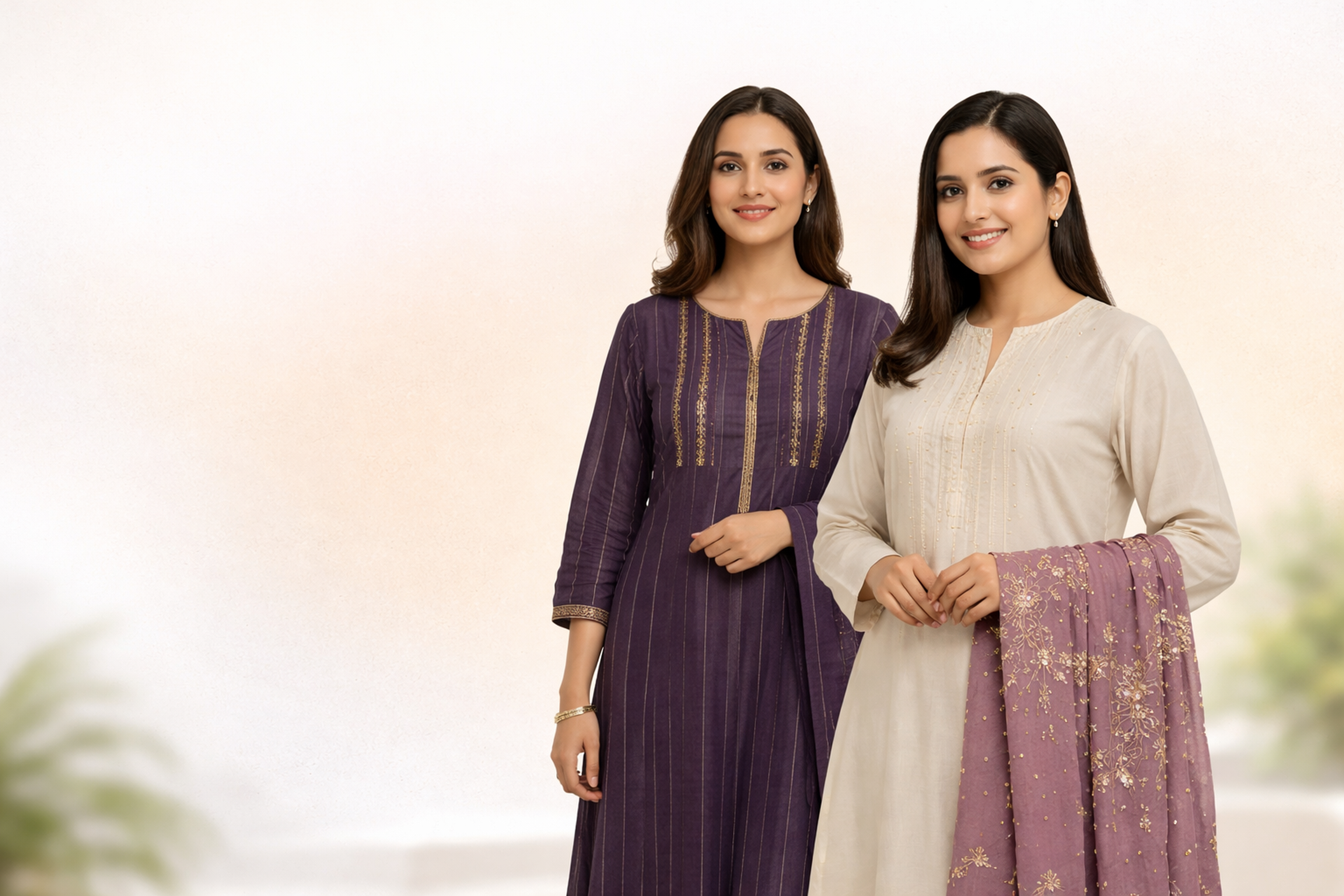 Two women wearing traditional outfits with a blurred background